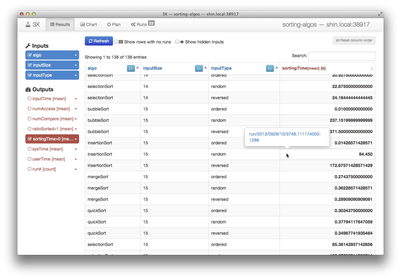 Aggregated cells in the results table can be brushed to reveal individual run records as well.