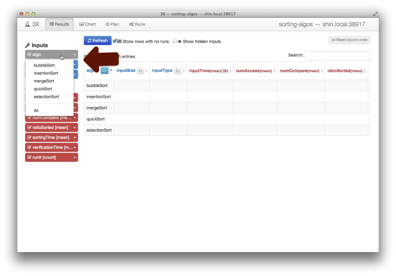 Individual values for each input variable can be selected to filter the displayed results.