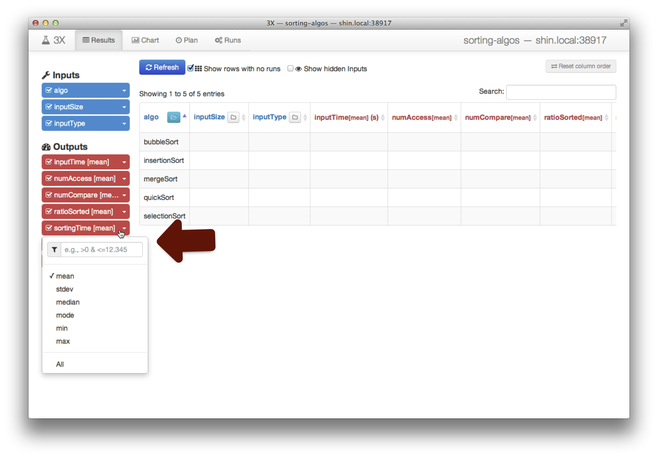 Output values can be filtered with simple conditions, then aggregated in several different ways depending on which type of variable they belong to.