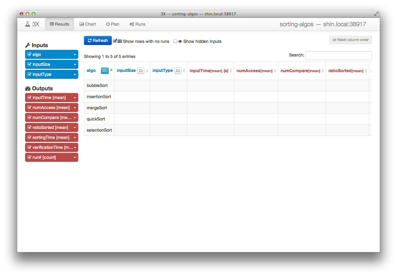 Initial screen of 3X GUI on an empty experiment repository for studying sorting algorithms.